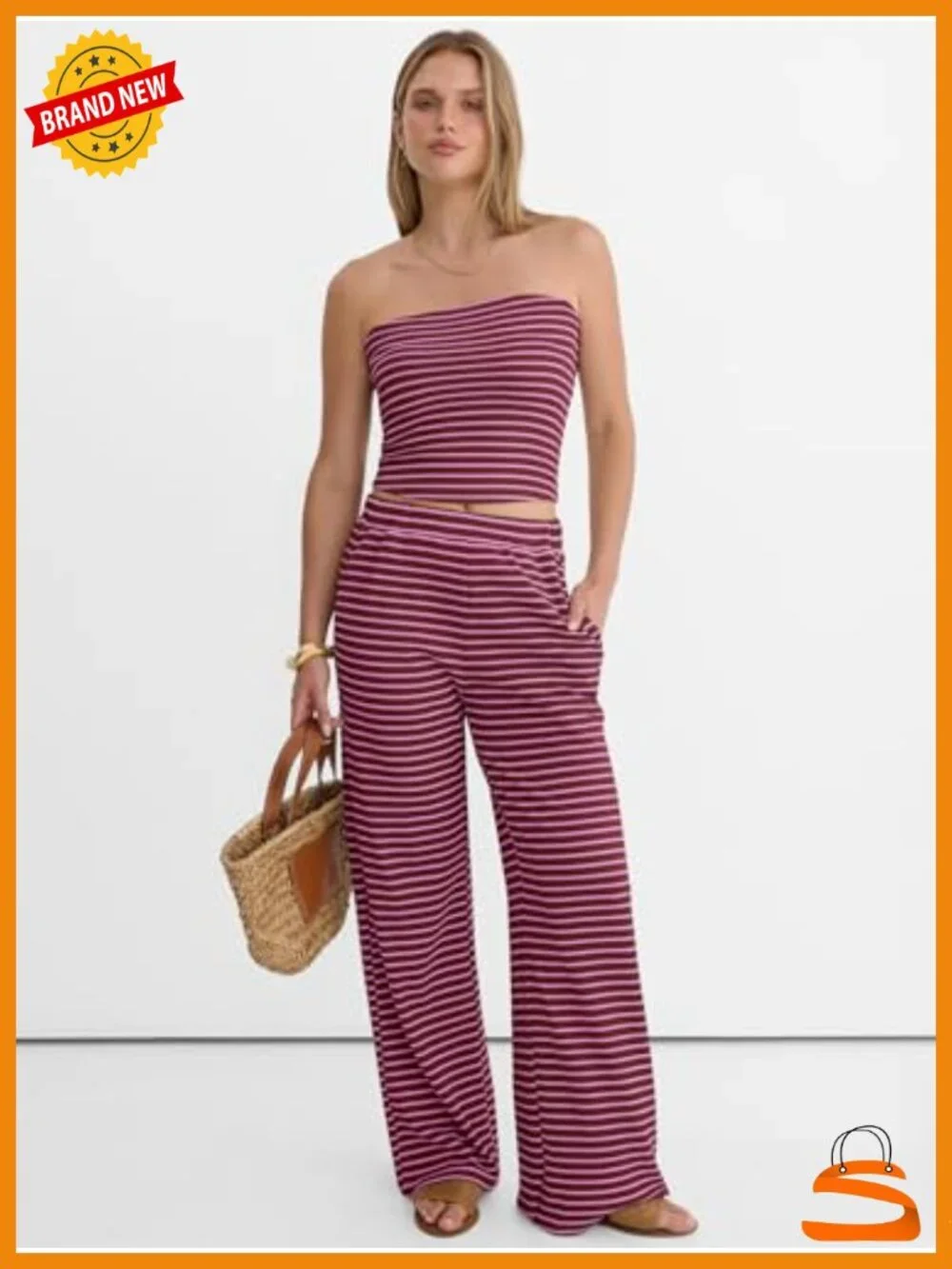 Women 2 Piece Sets Summer Striped Matching Tube Top Wide Leg Lounge Pants